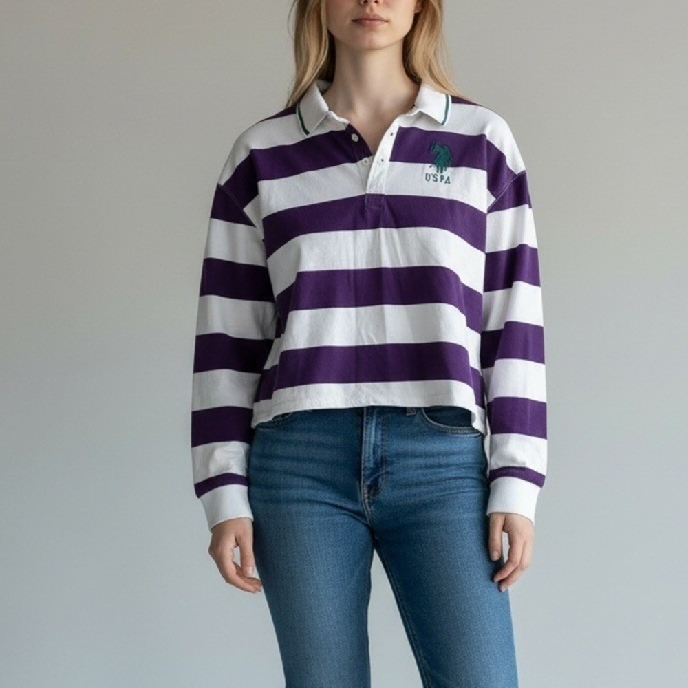 U.S. Polo Assn. Purple‎ & White Striped Rugby Shirt Women's M Cropped Cotton